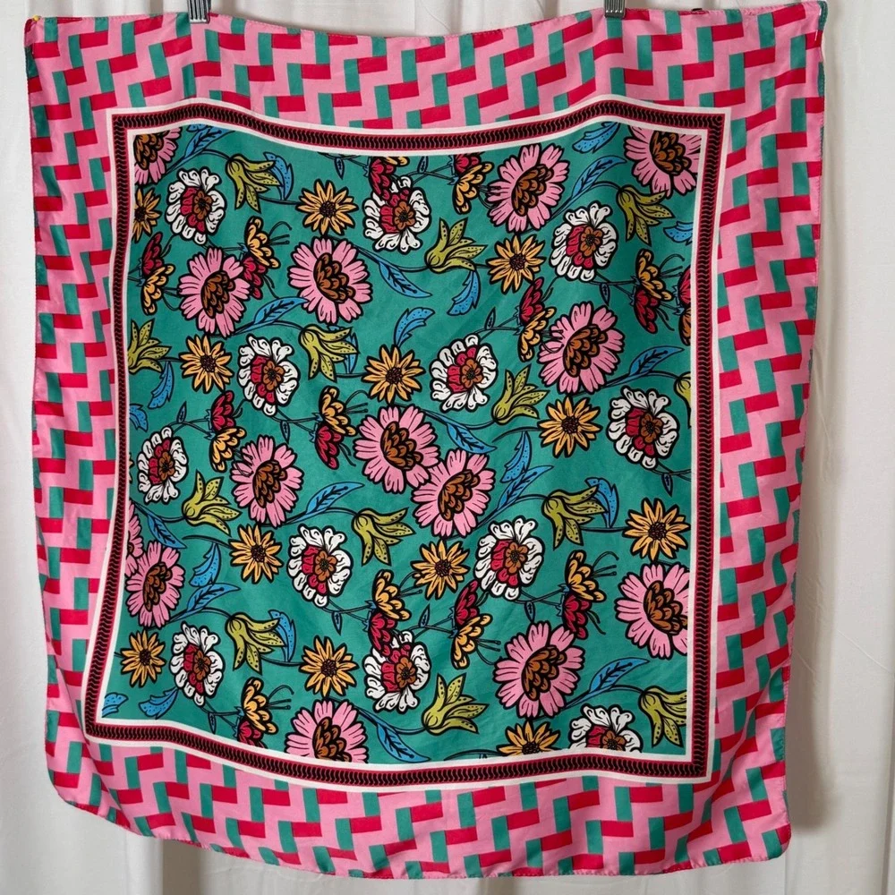 Zara Floral Geometric Square Scarf Pink Teal Green Silk Feel Neckerchief 26x28.5
